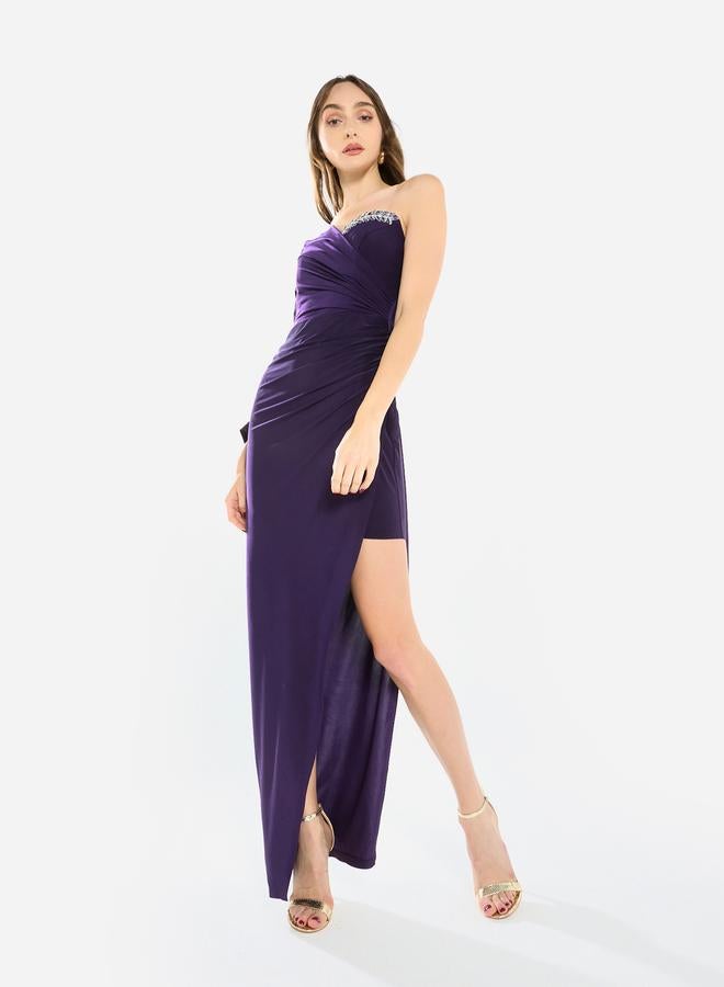 House of Moda Women Crystal Accent Ruched Gown Maxi Dress - Image 2